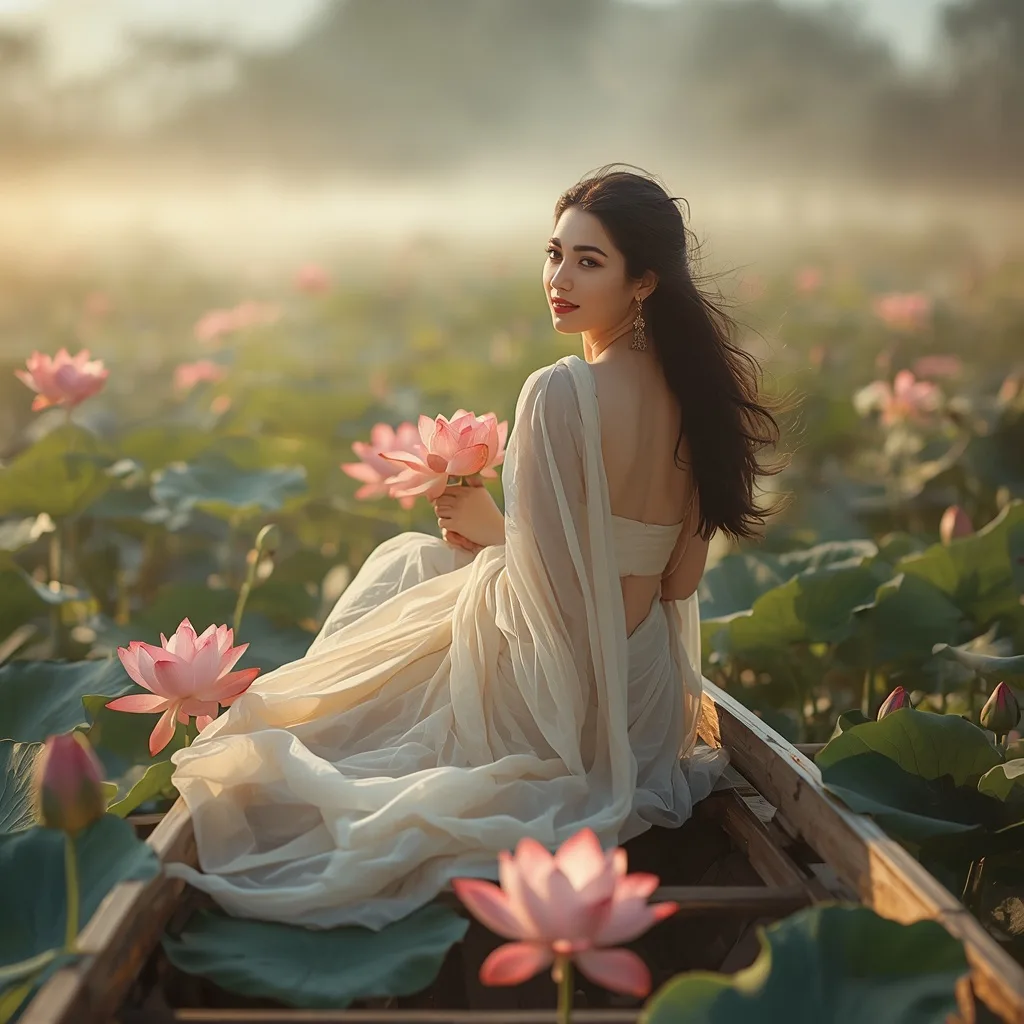 A Serene Woman's Ethereal Journey on a Lotus Pond