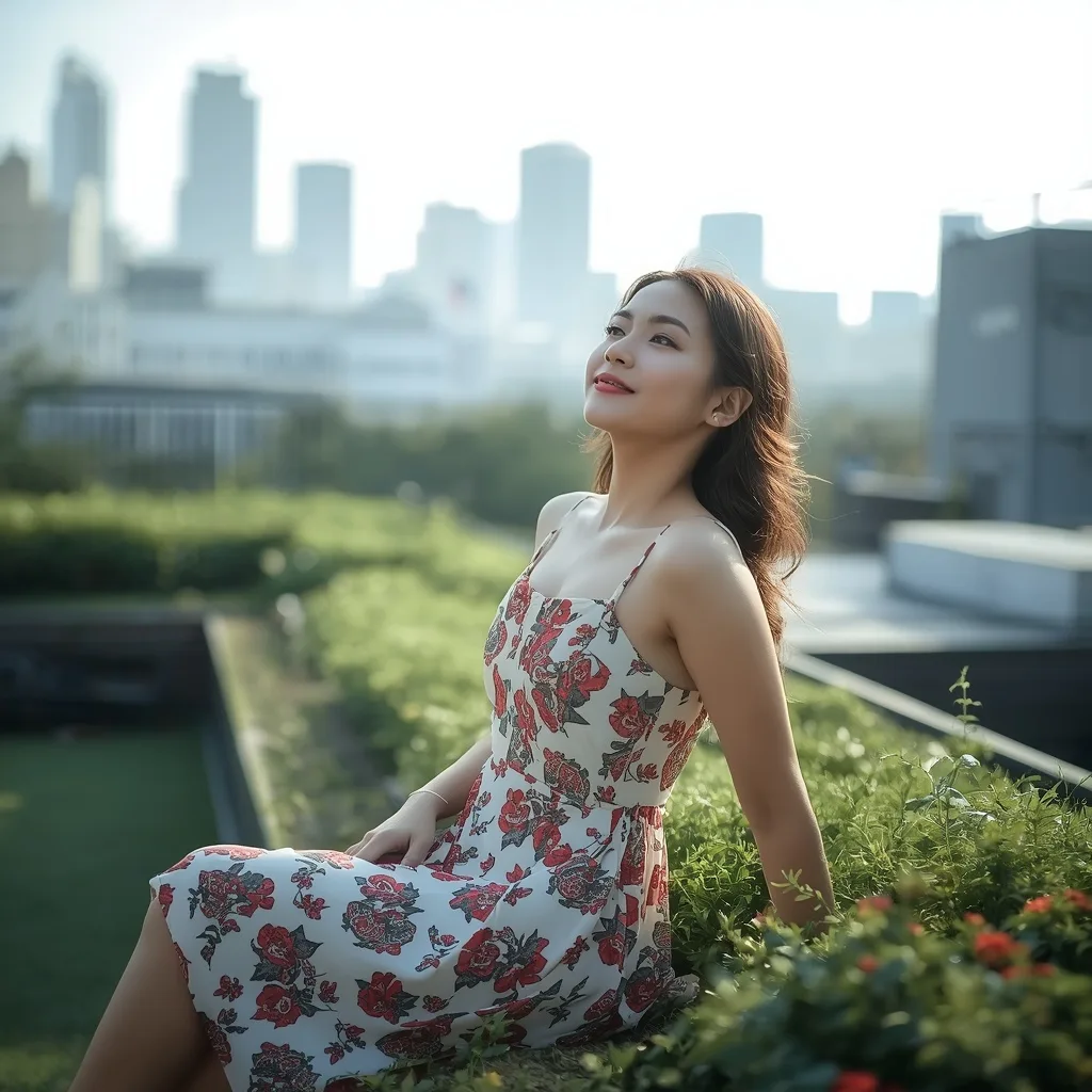 Beautiful Woman's Serene Moment on a Rooftop Garden