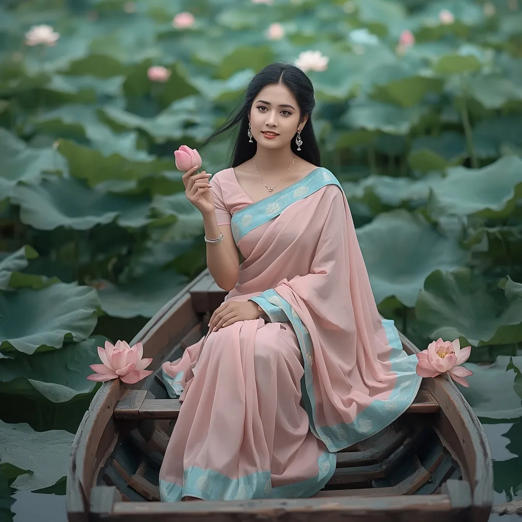 Beautiful Young Woman's Poetic Moment on a Lotus-Filled Lake