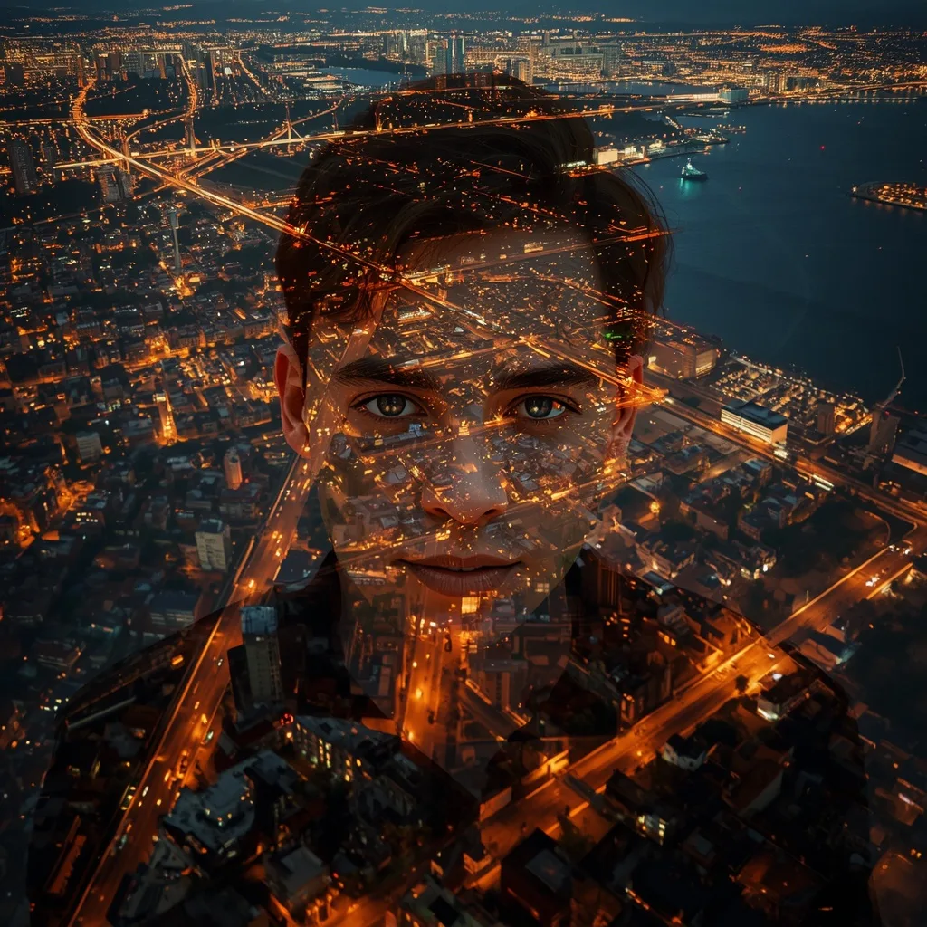 Cinematic Aerial Night Cityscape: Glowing Urban Portrait Blended with Lights – floating island prompts – AI generated example
