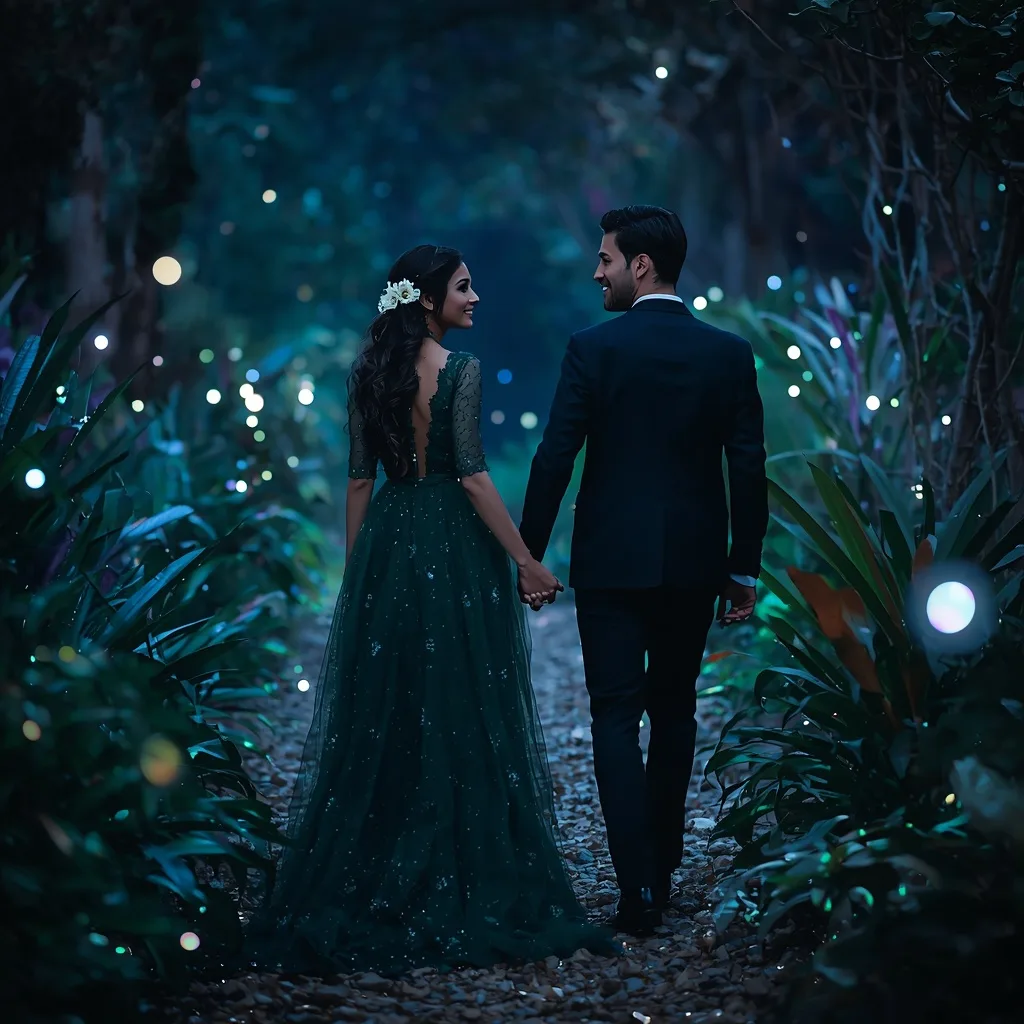 Couple's Enchanted Stroll Through a Bioluminescent Garden – modern couple ai prompts – AI generated example