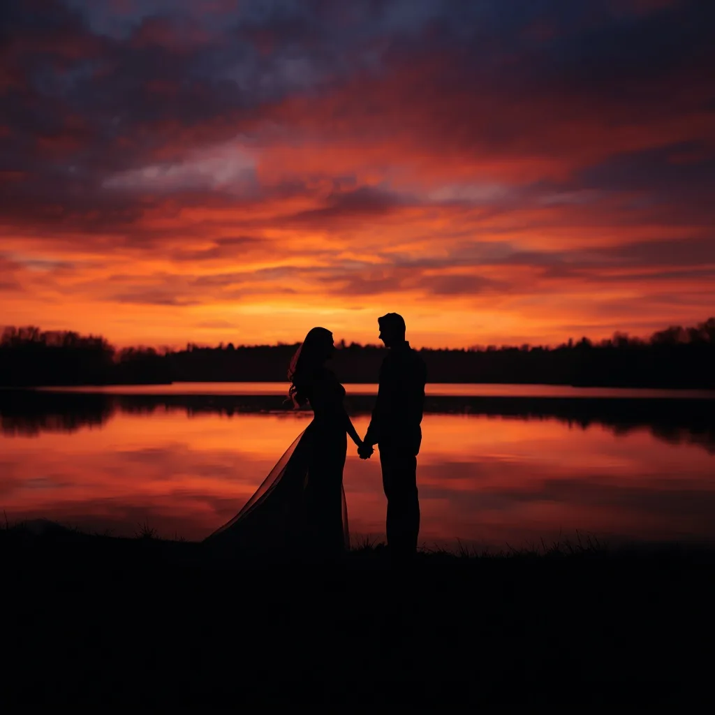 Couple's Serene Lakeside Sunset Silhouette