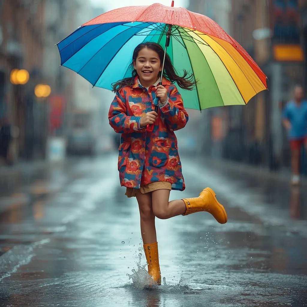 Cute Girl's Expressive Look with a Rainbow Umbrella – elegant girls ai prompts – AI generated example