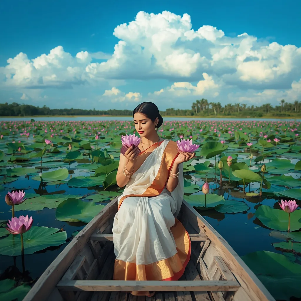 Elegant Woman's Traditional Serenity on a Lotus Lake – saree ai prompts – AI generated example