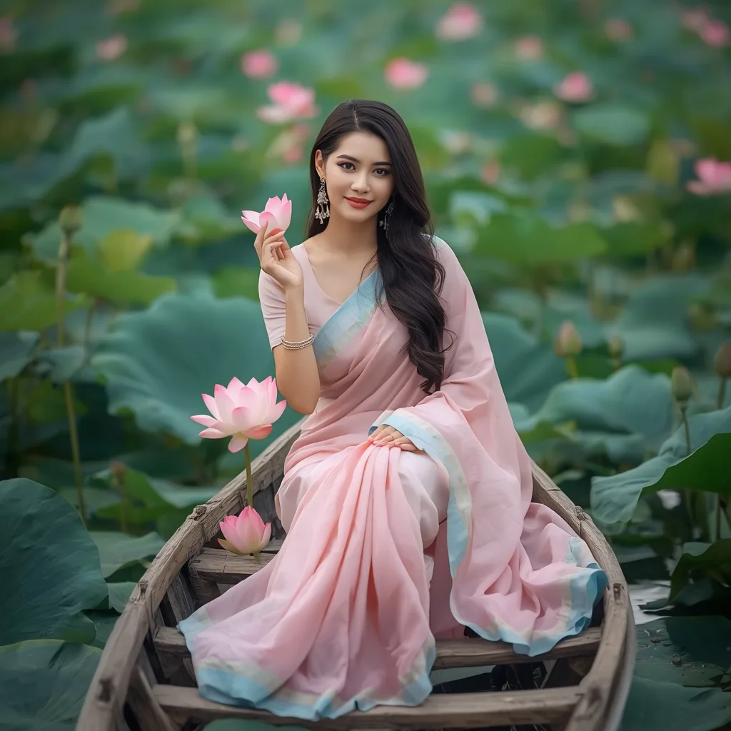 Graceful Young Woman on a Pink and Blue Lotus Pond