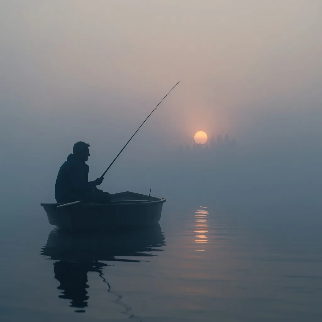 Man's Calm Solitude Fishing at Dawn on a Misty Lake – men ai prompts – AI generated example