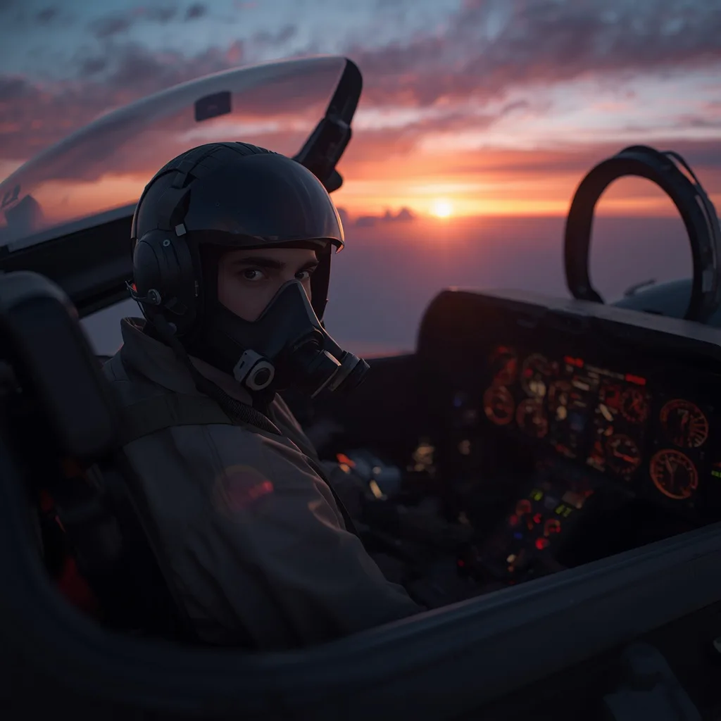 Fighter Pilot in a High-Tech Cockpit at Dawn – men ai prompts – AI generated example