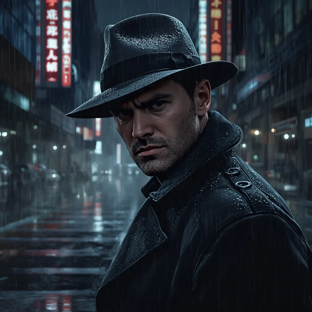 Portrait in Rain-Slicked Streets of Neo-Noir City – men ai prompts – AI generated example