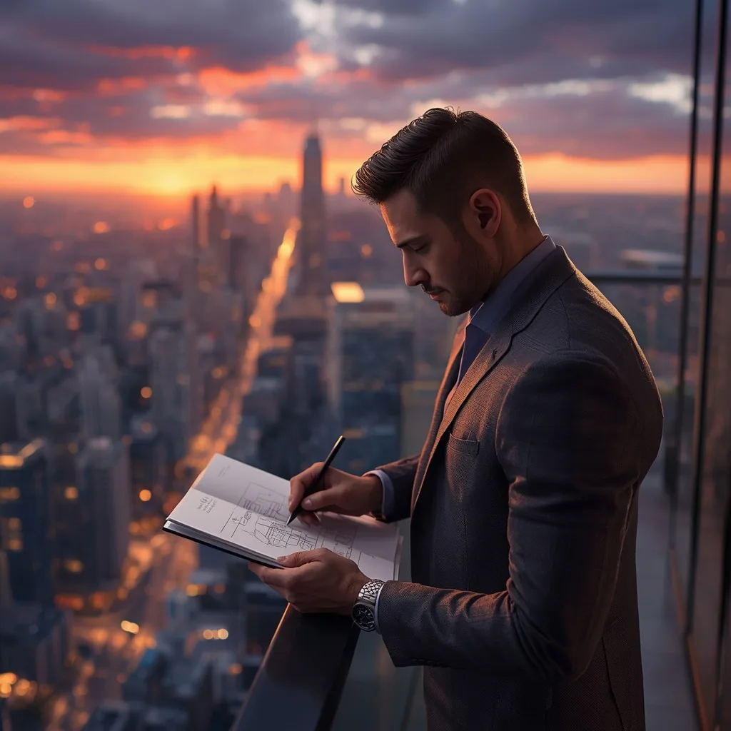 Architect Sketching Against a Modern Cityscape – men ai prompts – AI generated example