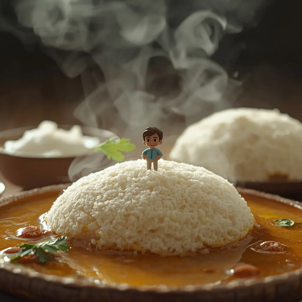 Miniature Human Exploring a Giant Steaming Idli Island Scene