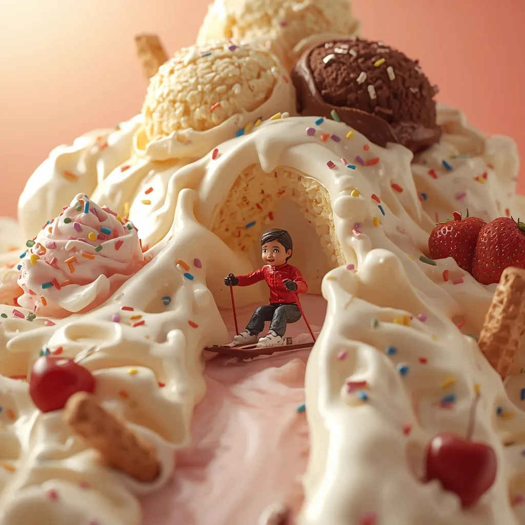 Miniature Human Skiing Down a Giant Melting Ice Cream Mountain