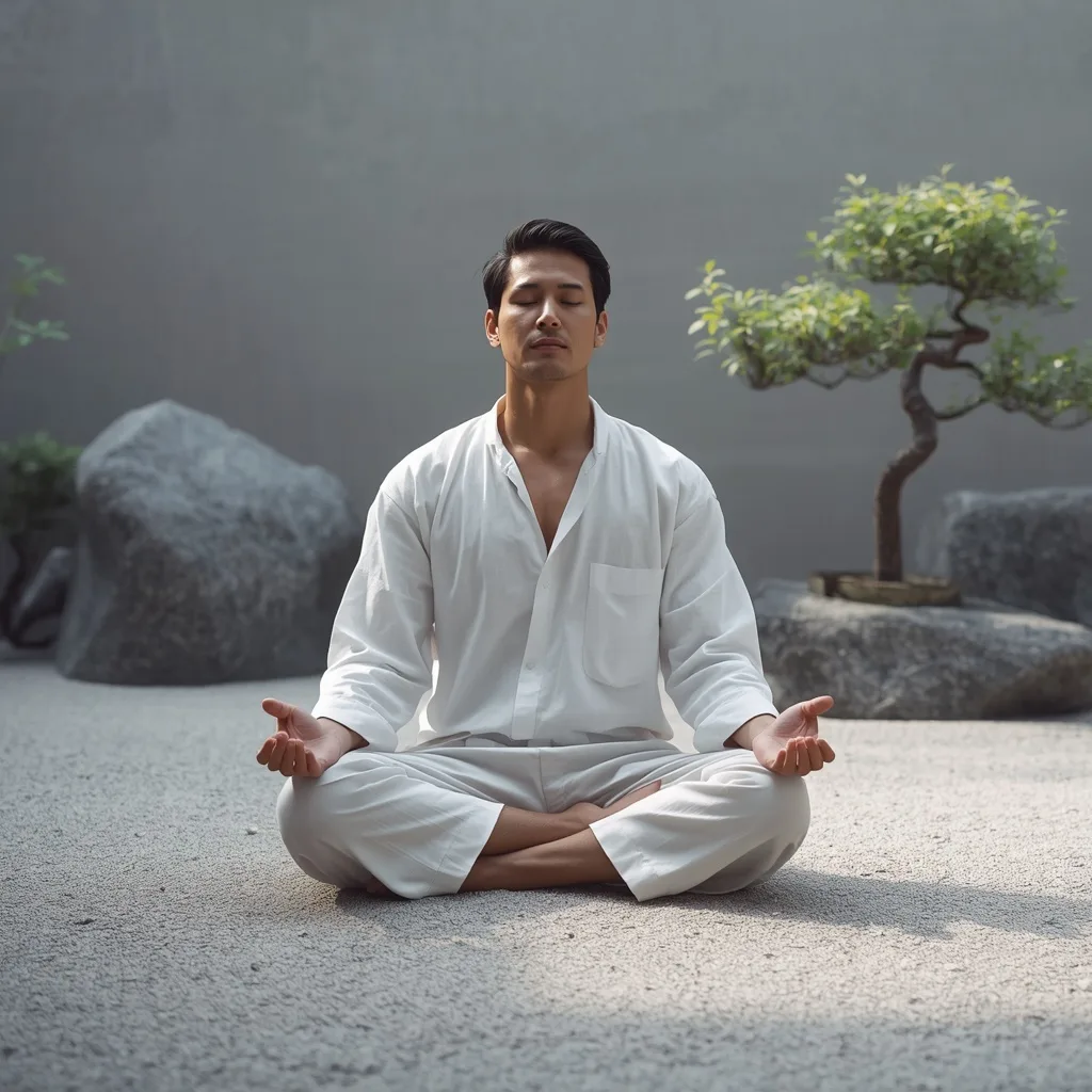 Modern Man Meditating in a Serene Zen Garden – men ai prompts – AI generated example