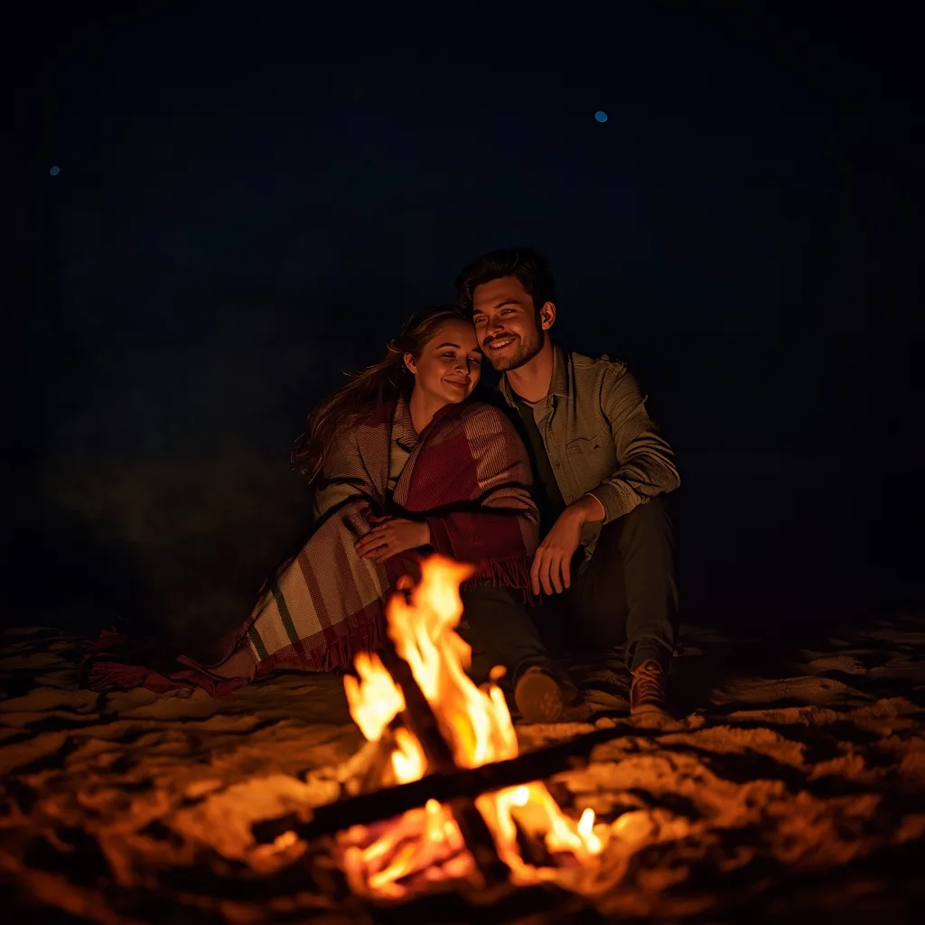 Romantic Couple's Cozy Evening by a Bonfire on the Beach – modern couple ai prompts – AI generated example