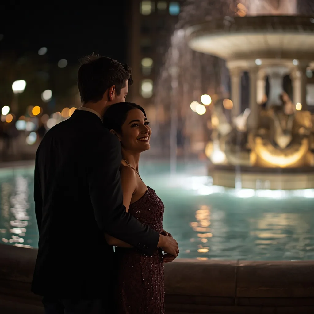 Romantic Couple's Intimate Moment by a City Fountain