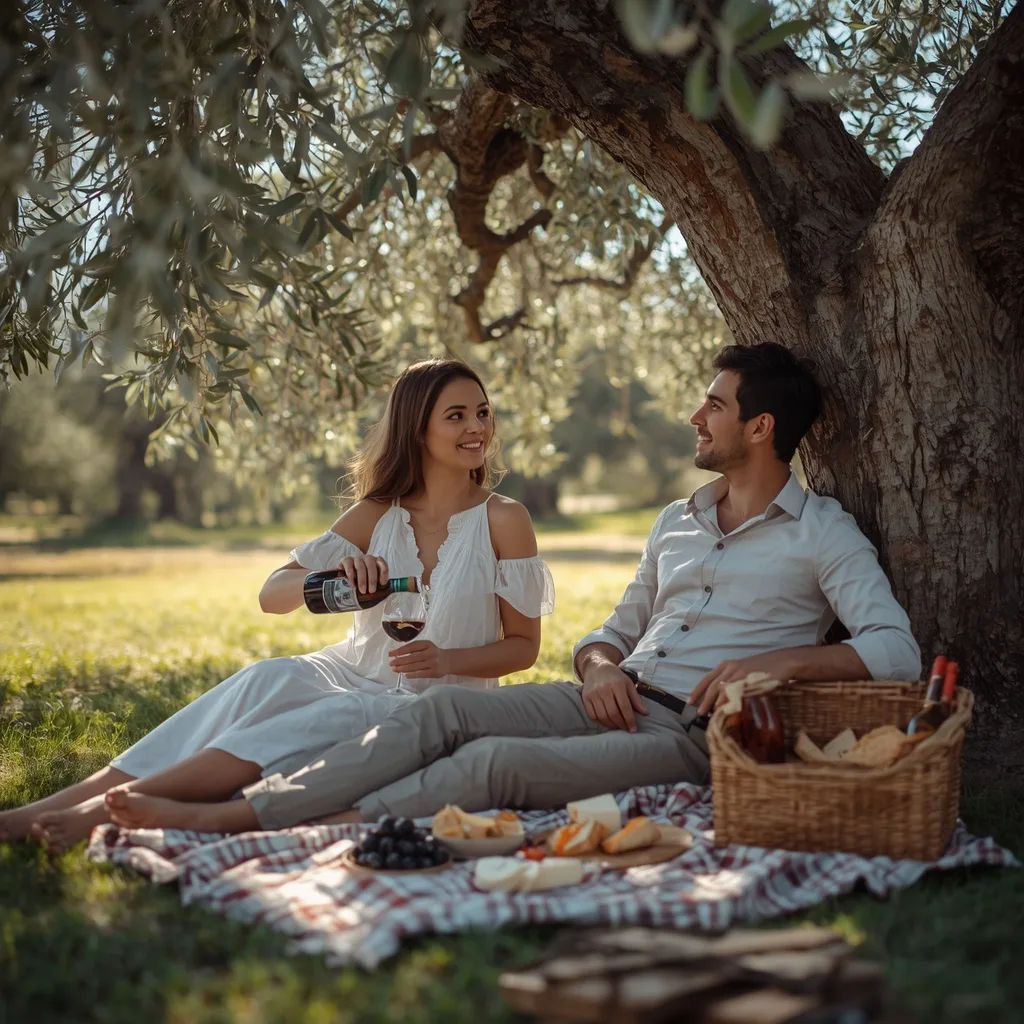 Romantic Couple's Picnic in a Sunlit Olive Grove – modern couple ai prompts – AI generated example