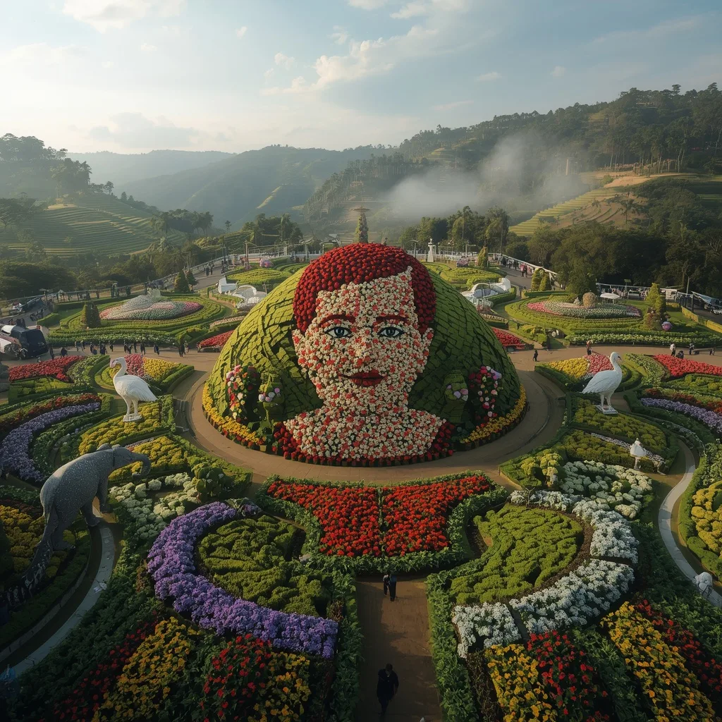 Sculpted Hill Floral Portrait: Ooty Flower Show Inspired Garden – floating island prompts – AI generated example