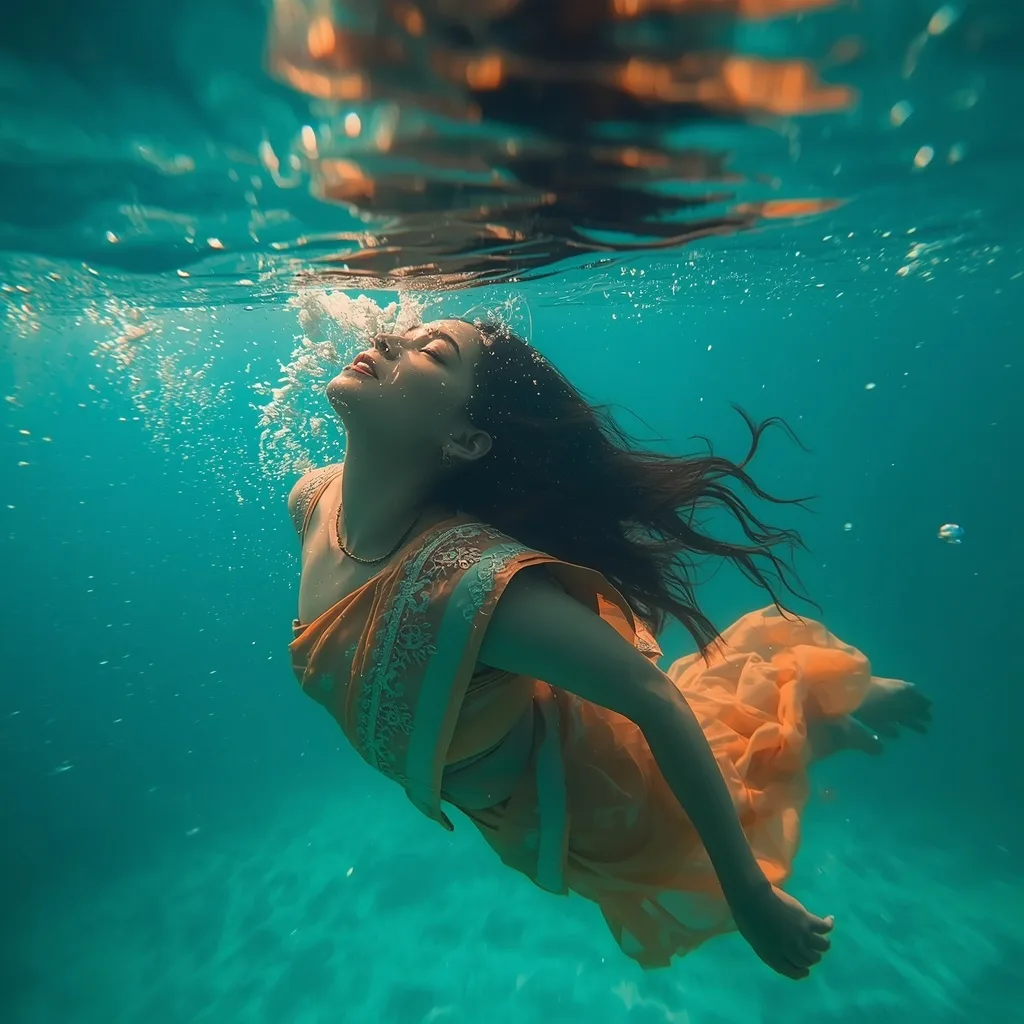 Serene South Asian Woman in Saree Underwater with Caustics