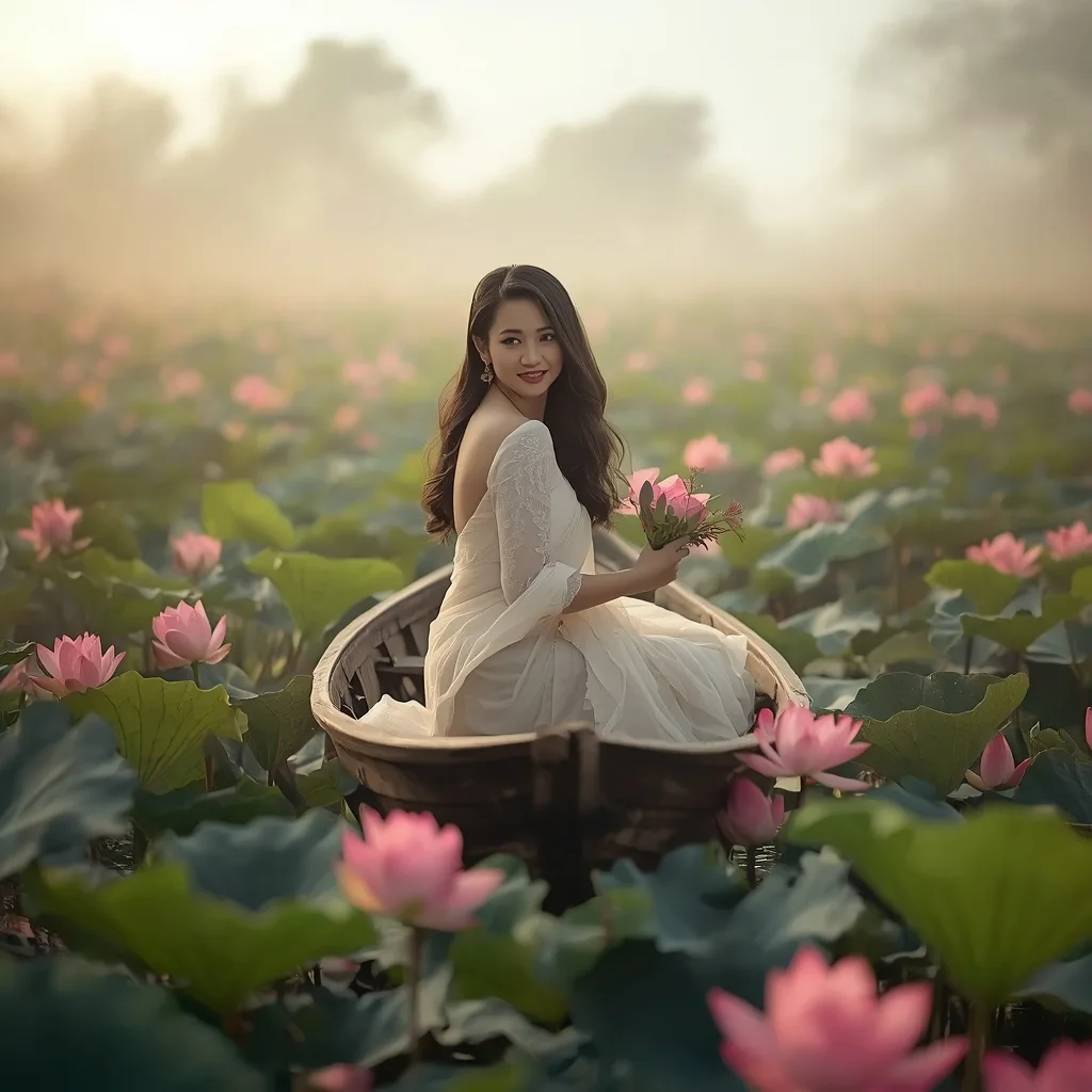 Serene Woman Adrift in a Pink Lotus Wonderland Dream