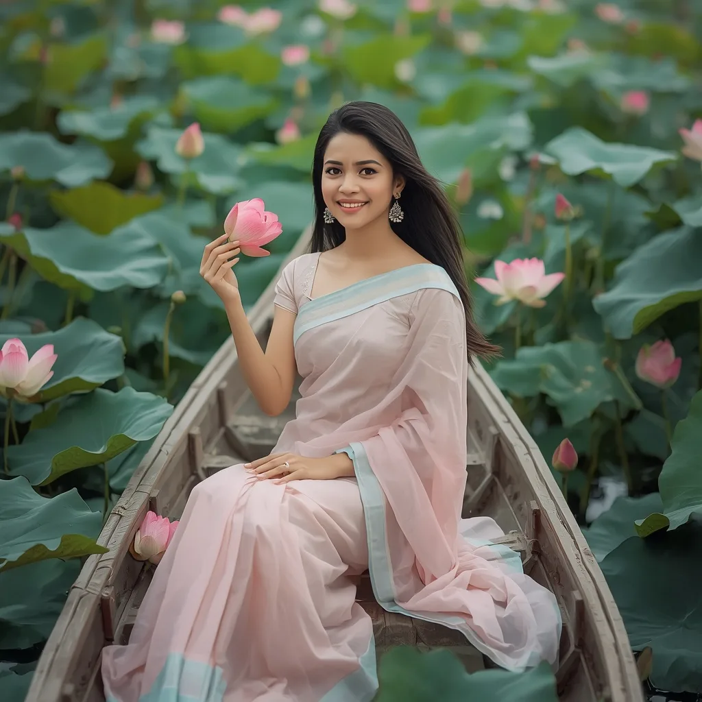 Serene Young Woman in Pink Saree amidst Blooming Lotuses